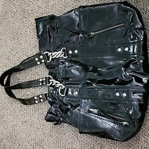 Marco Buggiani Real Patent Leather Shoulder Bag Purse~Black~Gold Buckle/Grommets